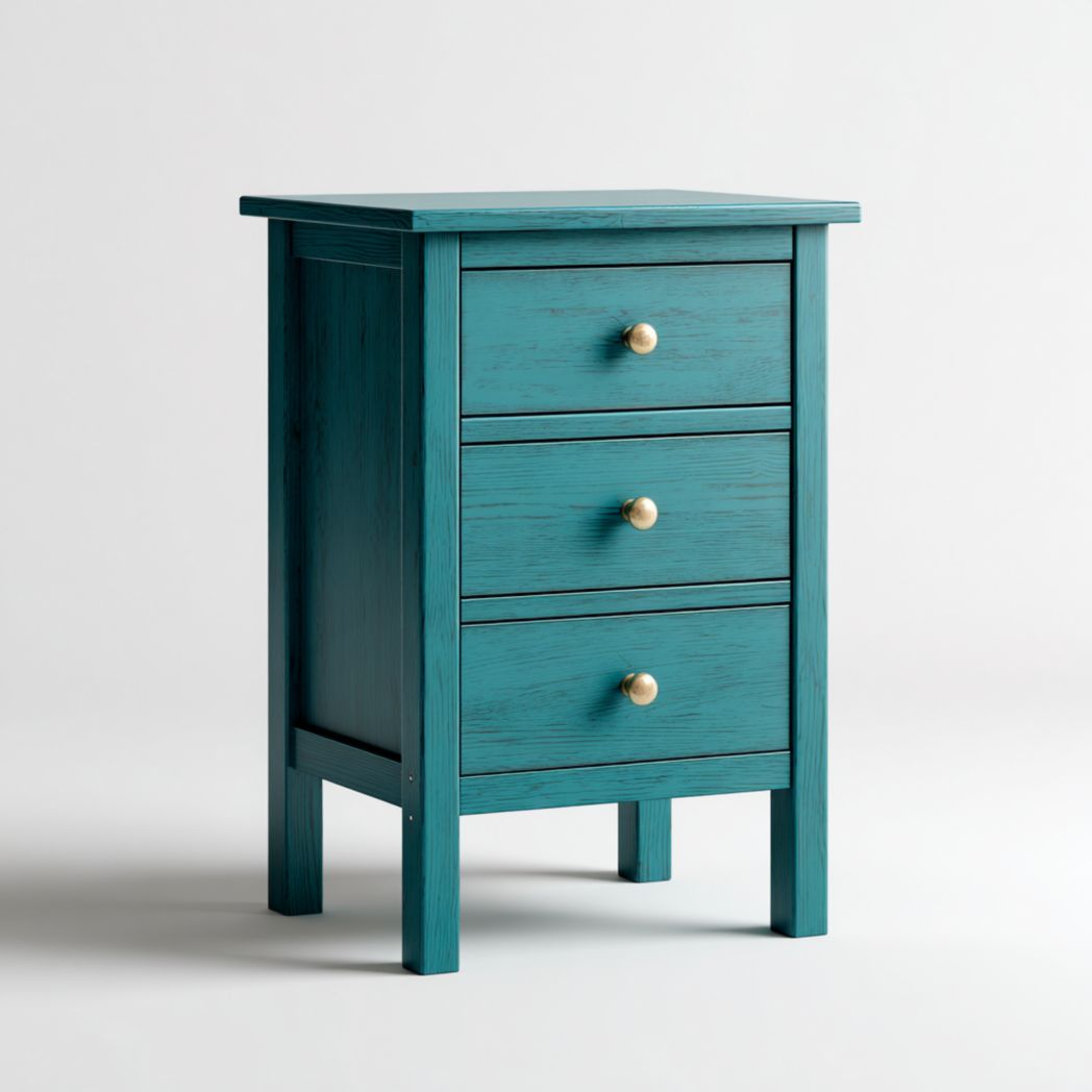 table de chevet en bois bleu sarcelle avec trois tiroirs et poignées en or clair