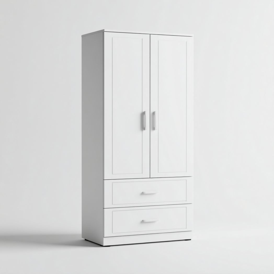 Armoire à deux portes et deux tiroirs en MDF blanc avec poignées en métal argenté