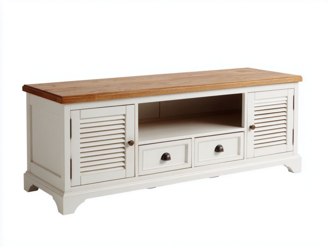 Meuble TV blanc et marron clair avec portes à persiennes et tiroirs