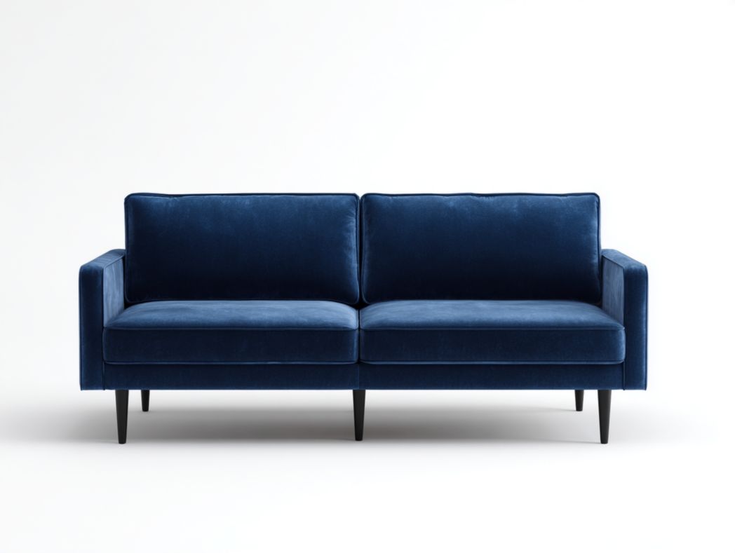 Canapé en tissu bleu foncé avec pieds en métal noir et revêtement en velours