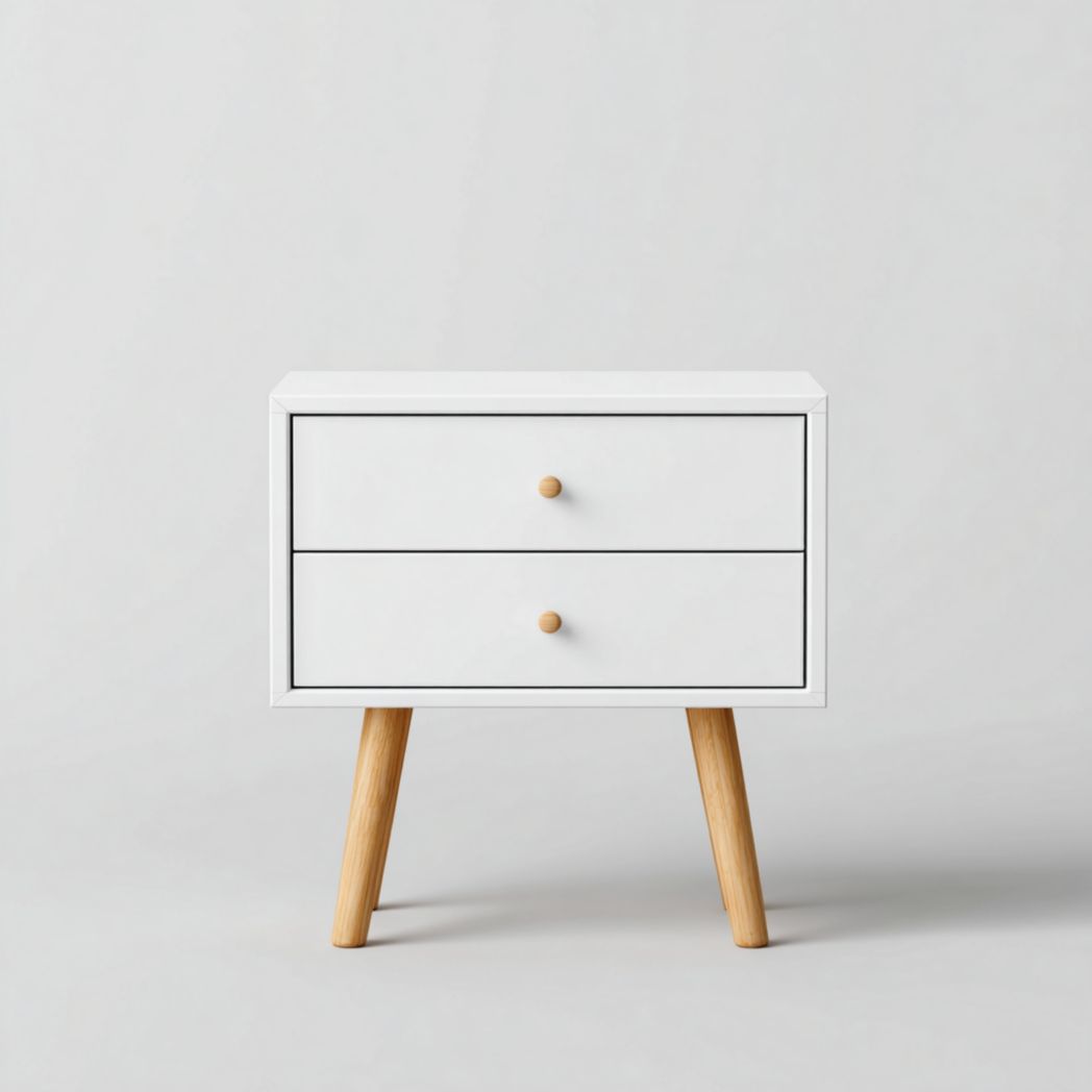 Table de chevet en bois blanc avec deux tiroirs et poignées rondes marron clair