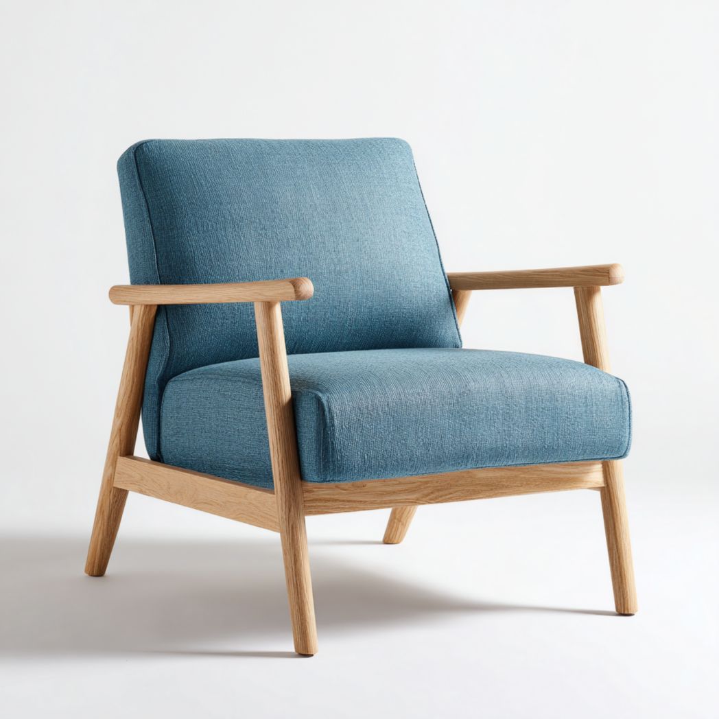Fauteuil en tissu bleu avec structure en bois massif