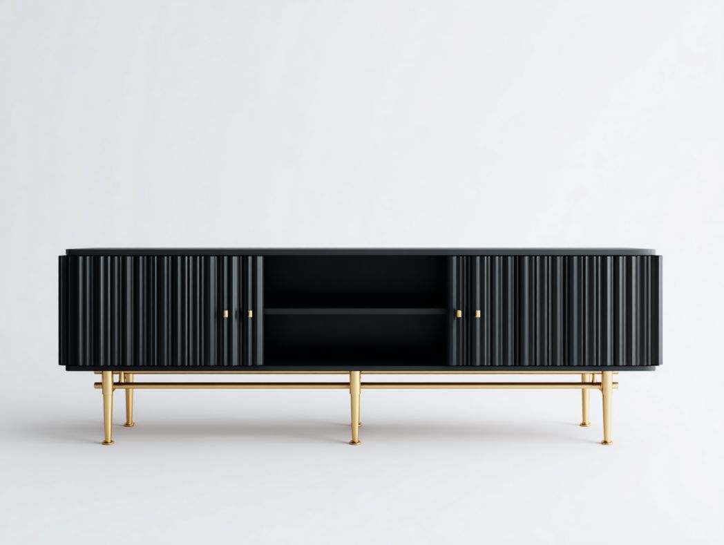 Meuble TV noir et or avec portes rainurées