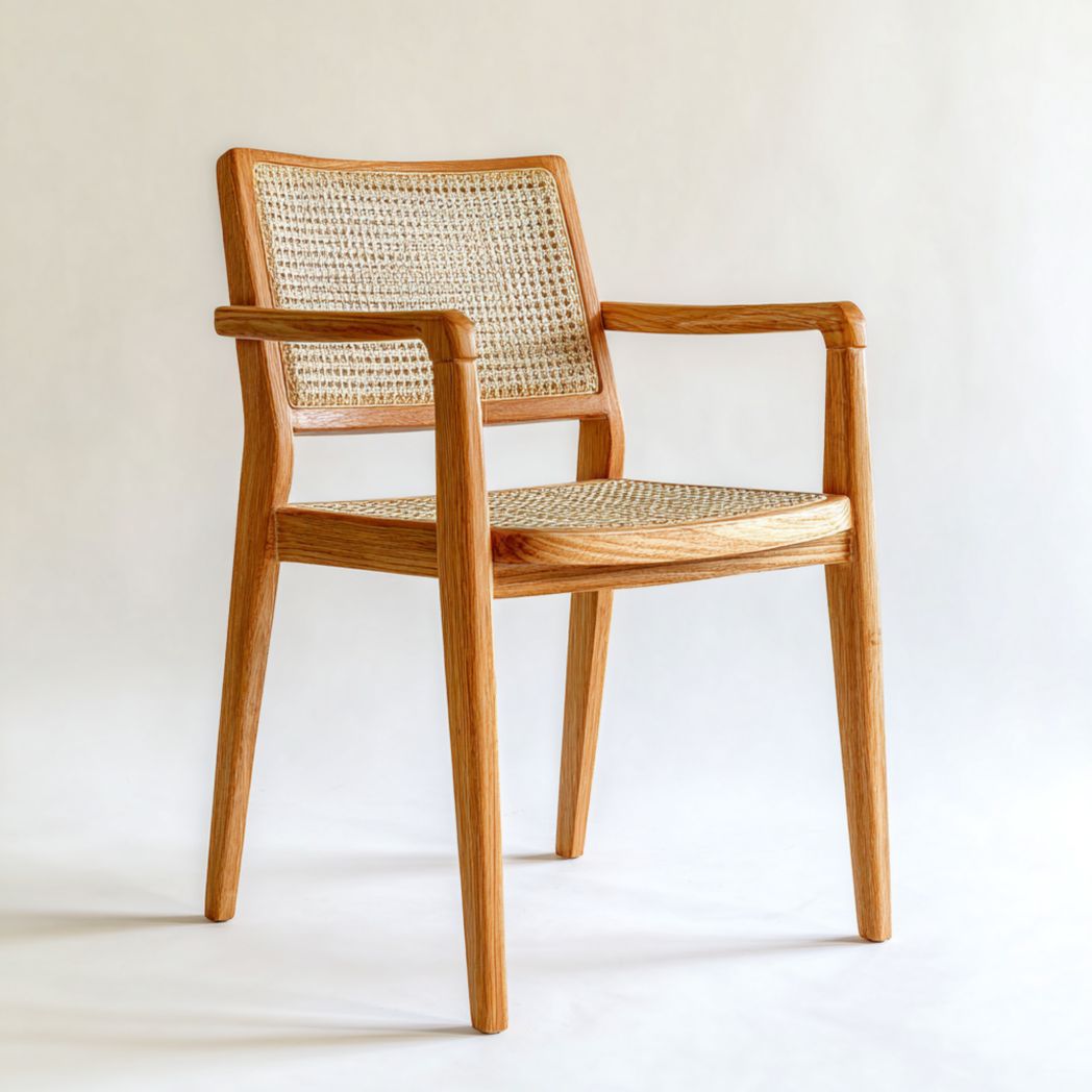 Fauteuil en bois marron clair avec dossier et assise en rotin