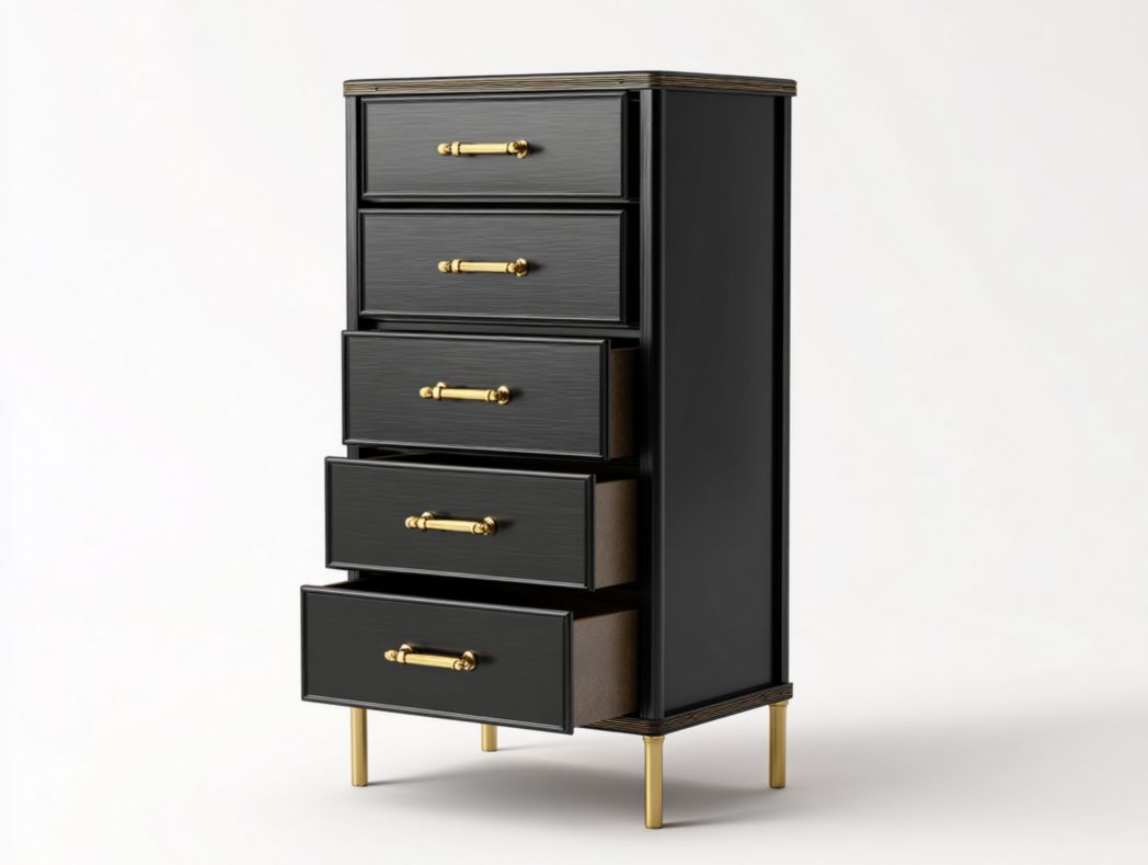 Armoire haute en bois noir, cinq tiroirs, poignées et pieds en métal doré