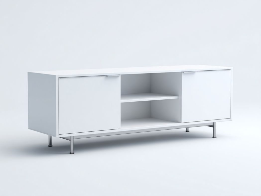 Meuble TV blanc avec deux portes et étagère centrale ouverte