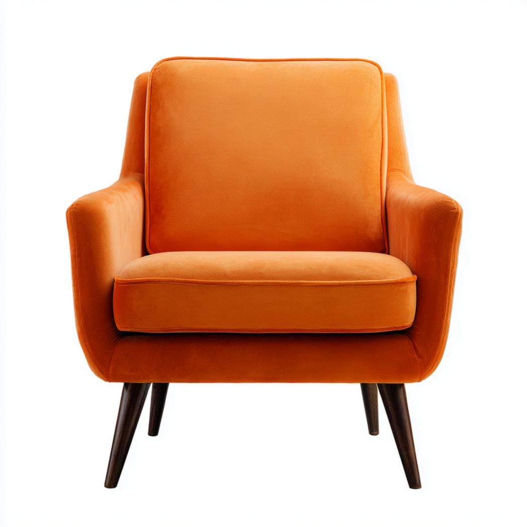 Fauteuil en velours orange avec pieds en bois massif