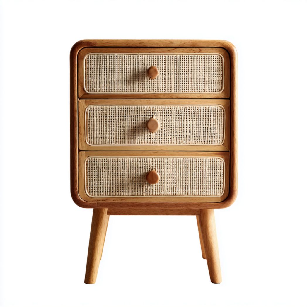 Table de chevet en bois marron clair et rotin avec trois tiroirs ronds