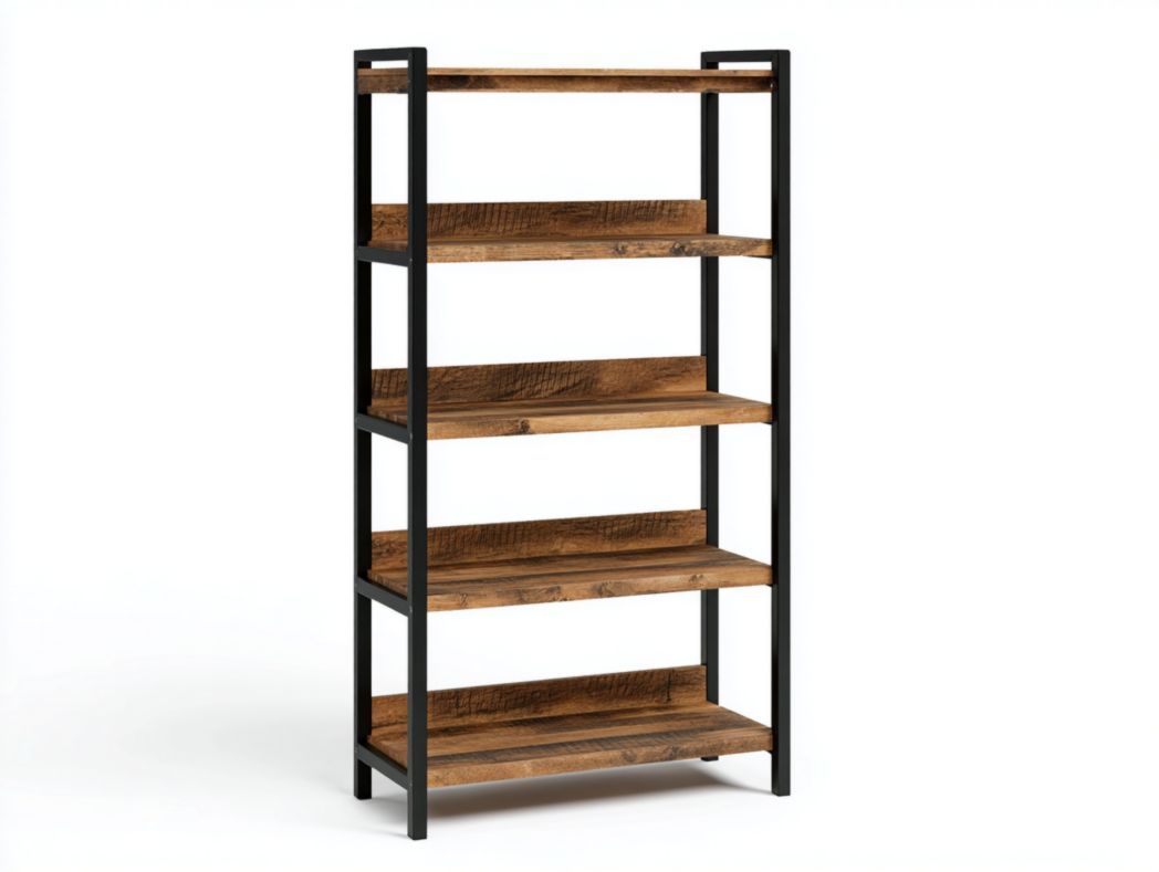 Étagère à quatre niveaux avec cadre noir et étagères marron foncé