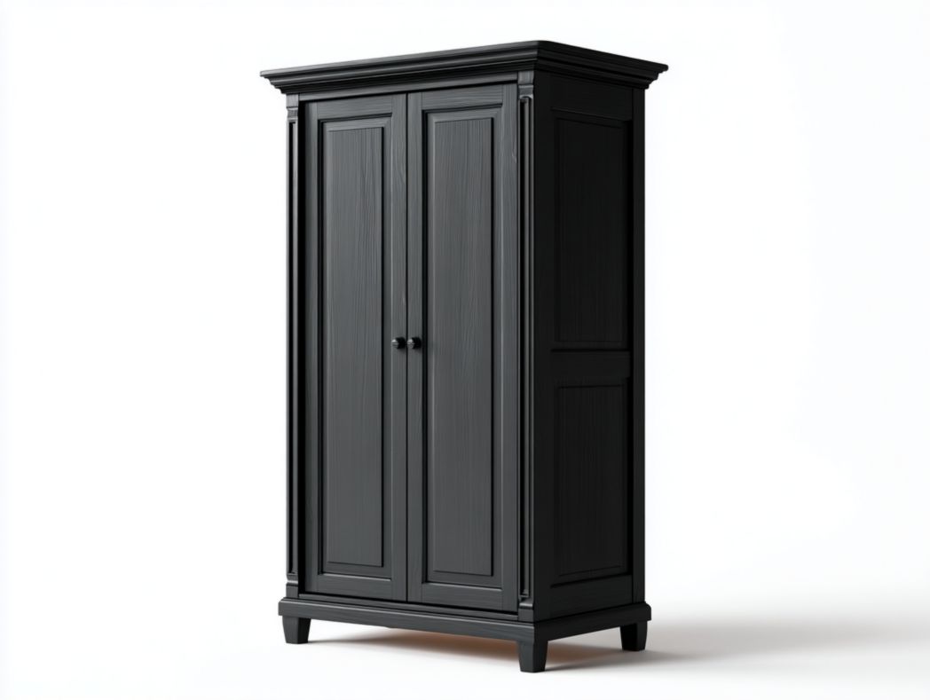 Armoire en bois massif noir à deux portes avec poignées assorties