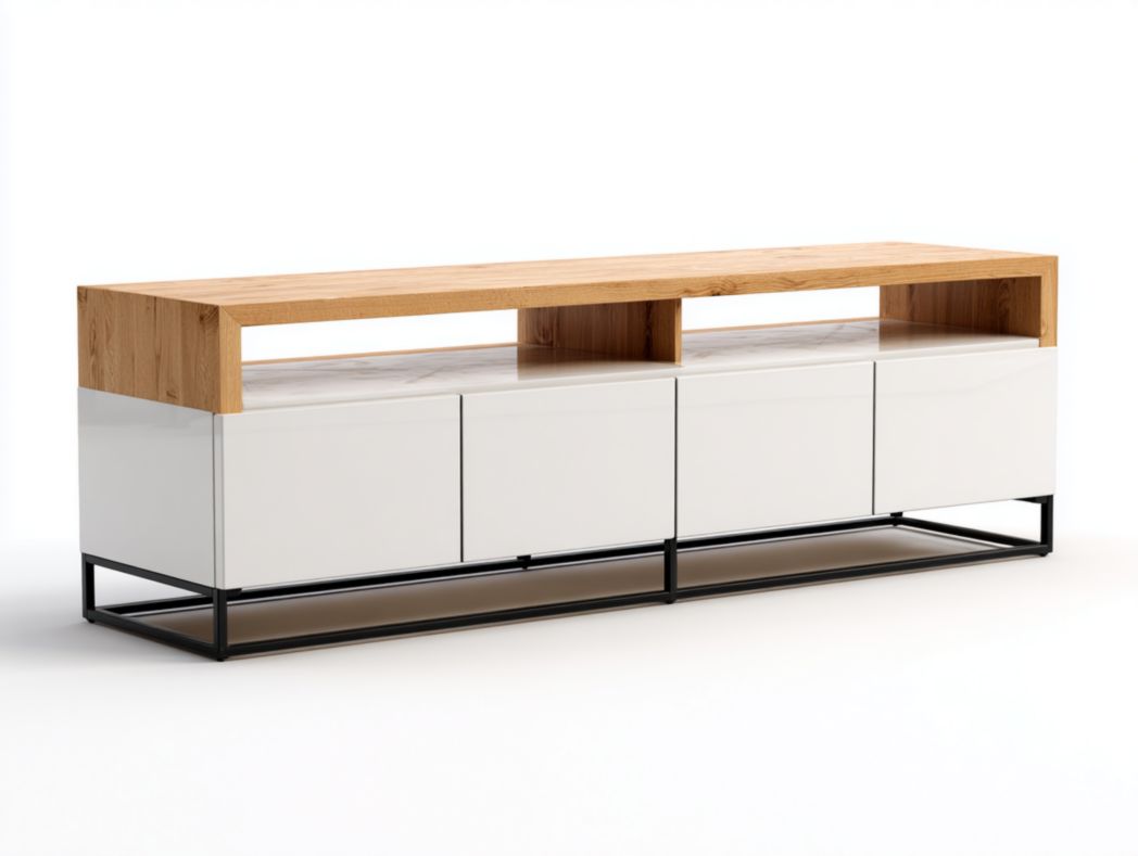 Meuble TV blanc et marron clair avec base en métal noir