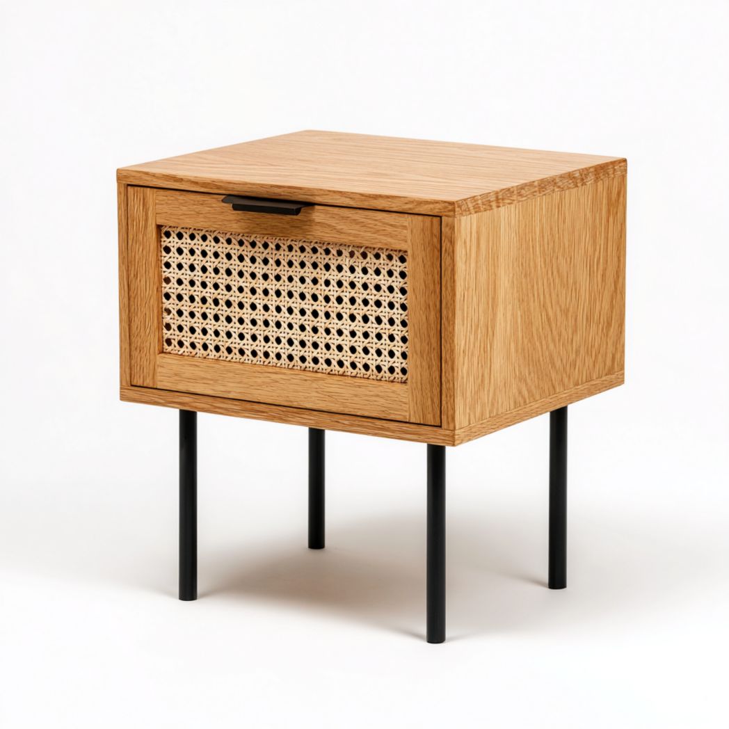 Table de chevet en bois marron clair et rotin avec pieds noirs