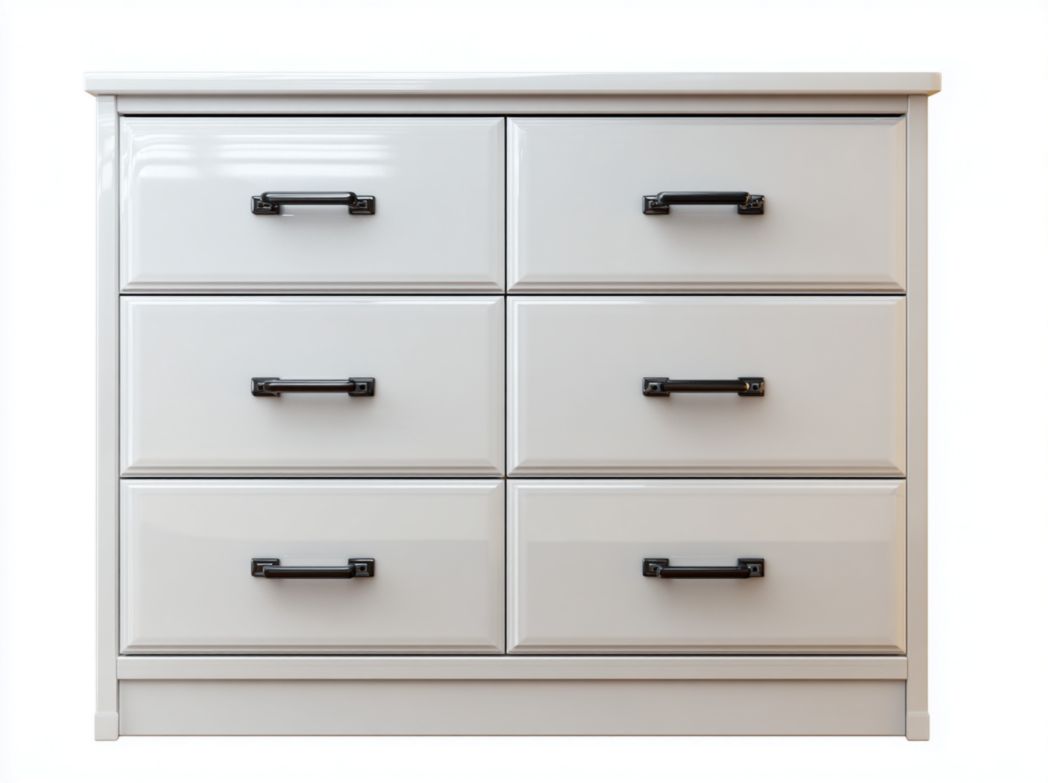 Commode blanche, six tiroirs, poignées en métal noir