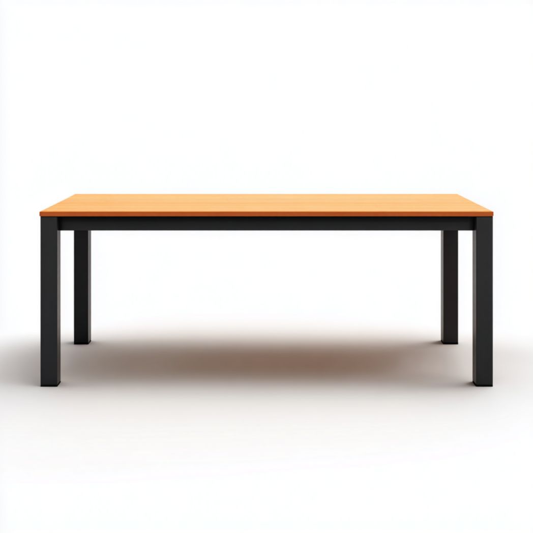 Table de jardin marron clair avec plateau en bois et structure en métal noir