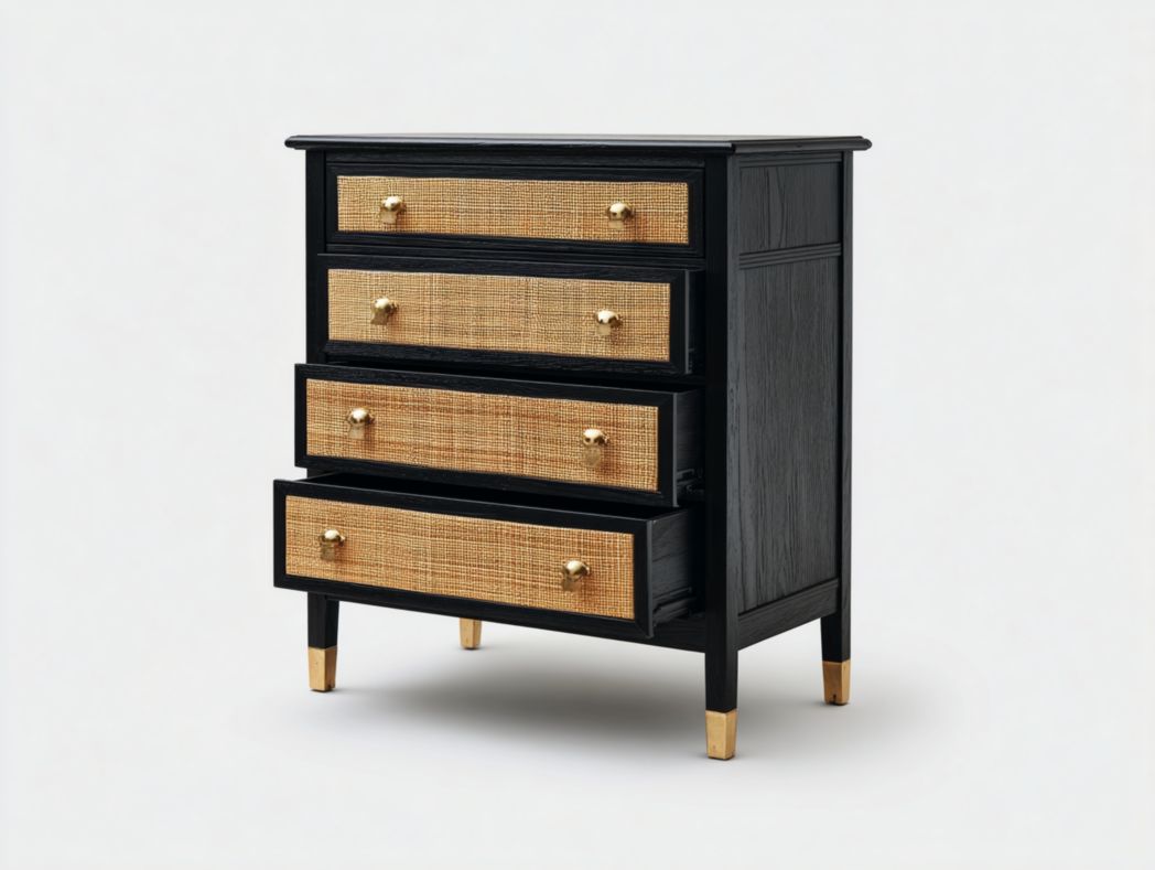 Commode en bois noir à quatre tiroirs, dessus en rotin marron clair et pieds en métal doré