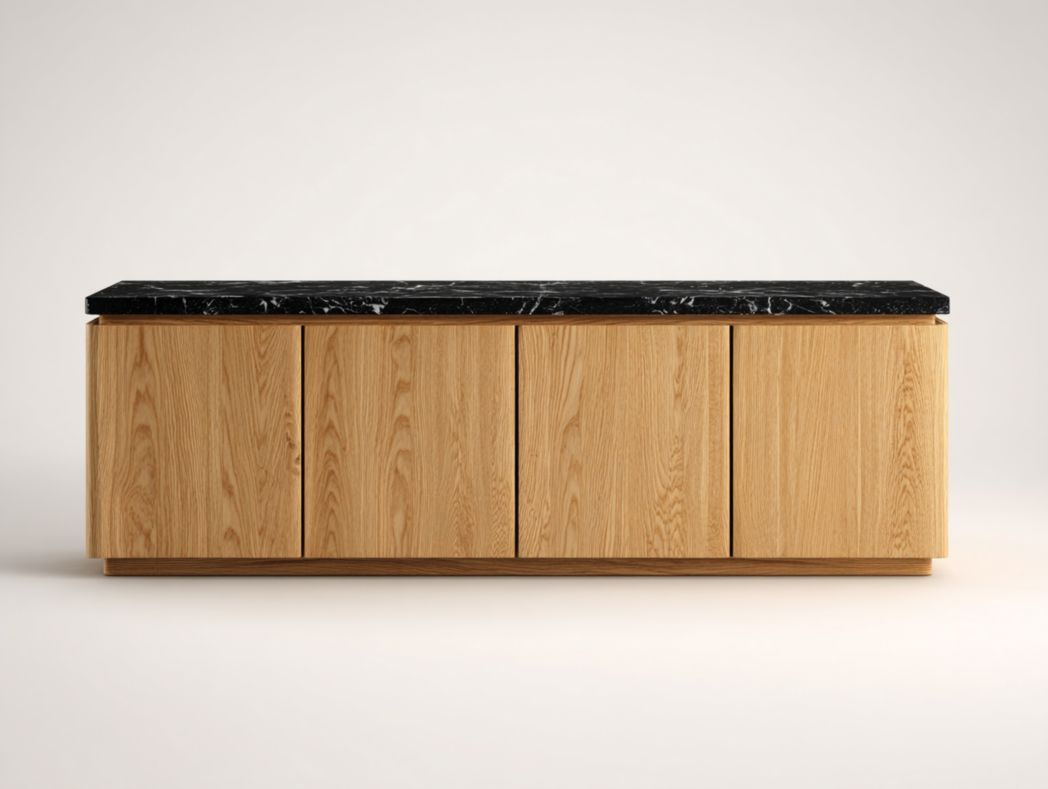 Meuble TV en bois marron clair avec plateau en marbre noir