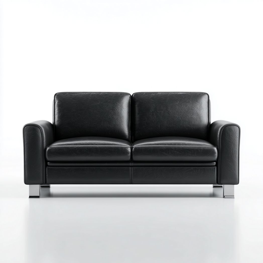 Causeuse en cuir synthétique noir avec pieds en métal argenté