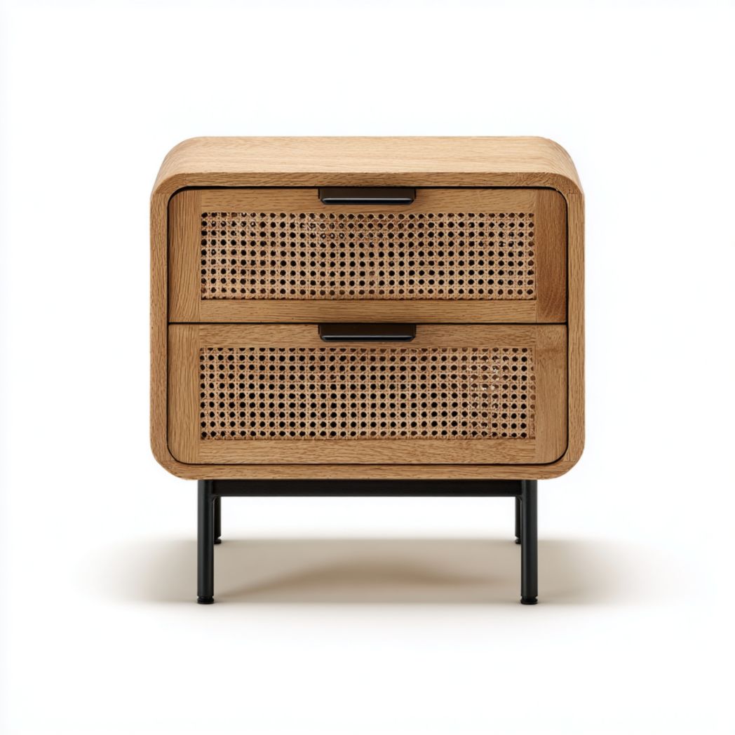 Table de chevet en rotin marron clair avec deux tiroirs et pieds en métal noir