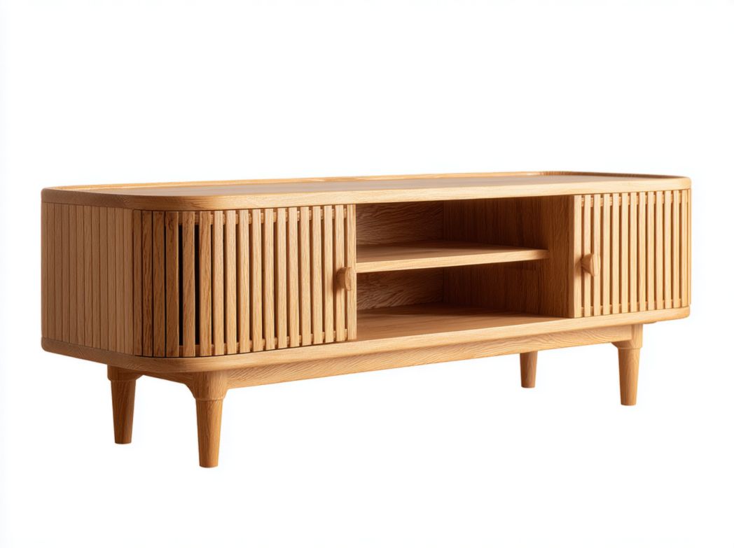 Meuble TV en bois massif marron clair avec portes à lattes et coins arrondis