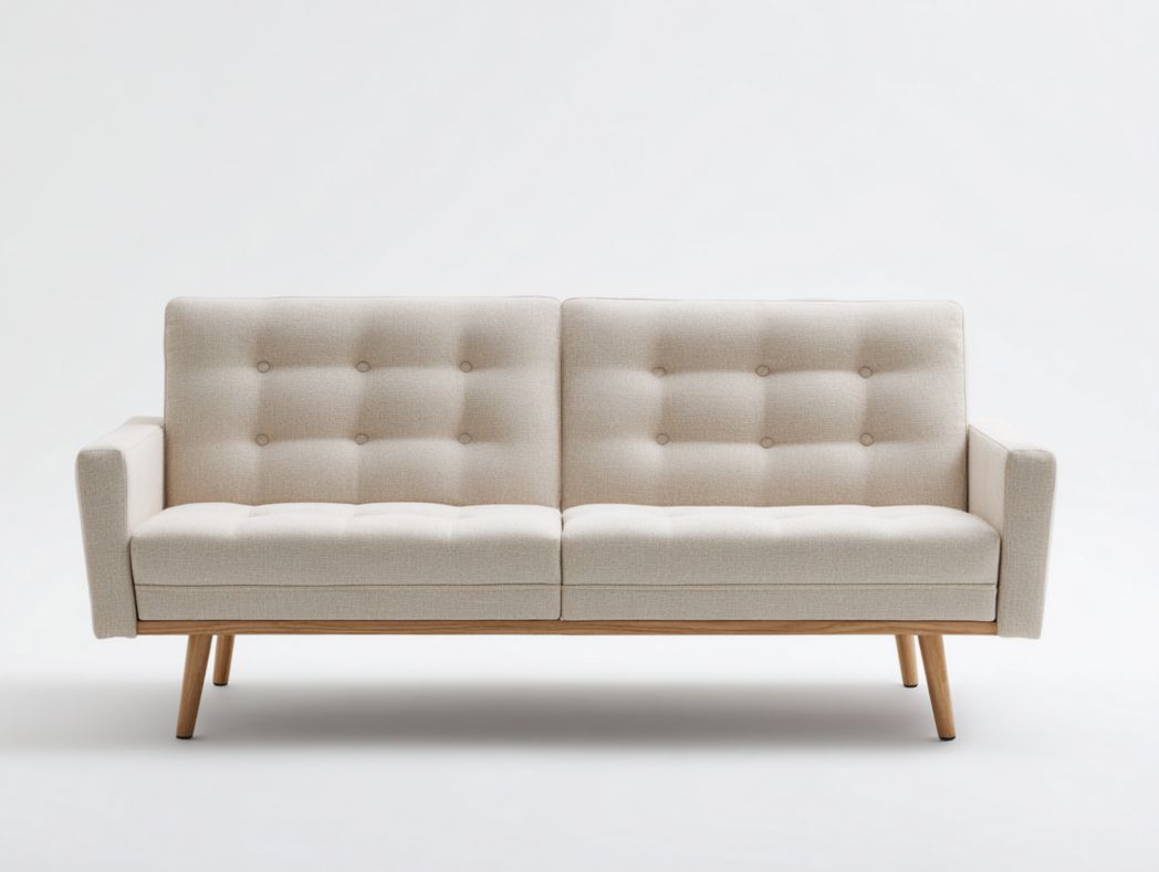 Canapé en tissu blanc cassé avec pieds en bois marron clair