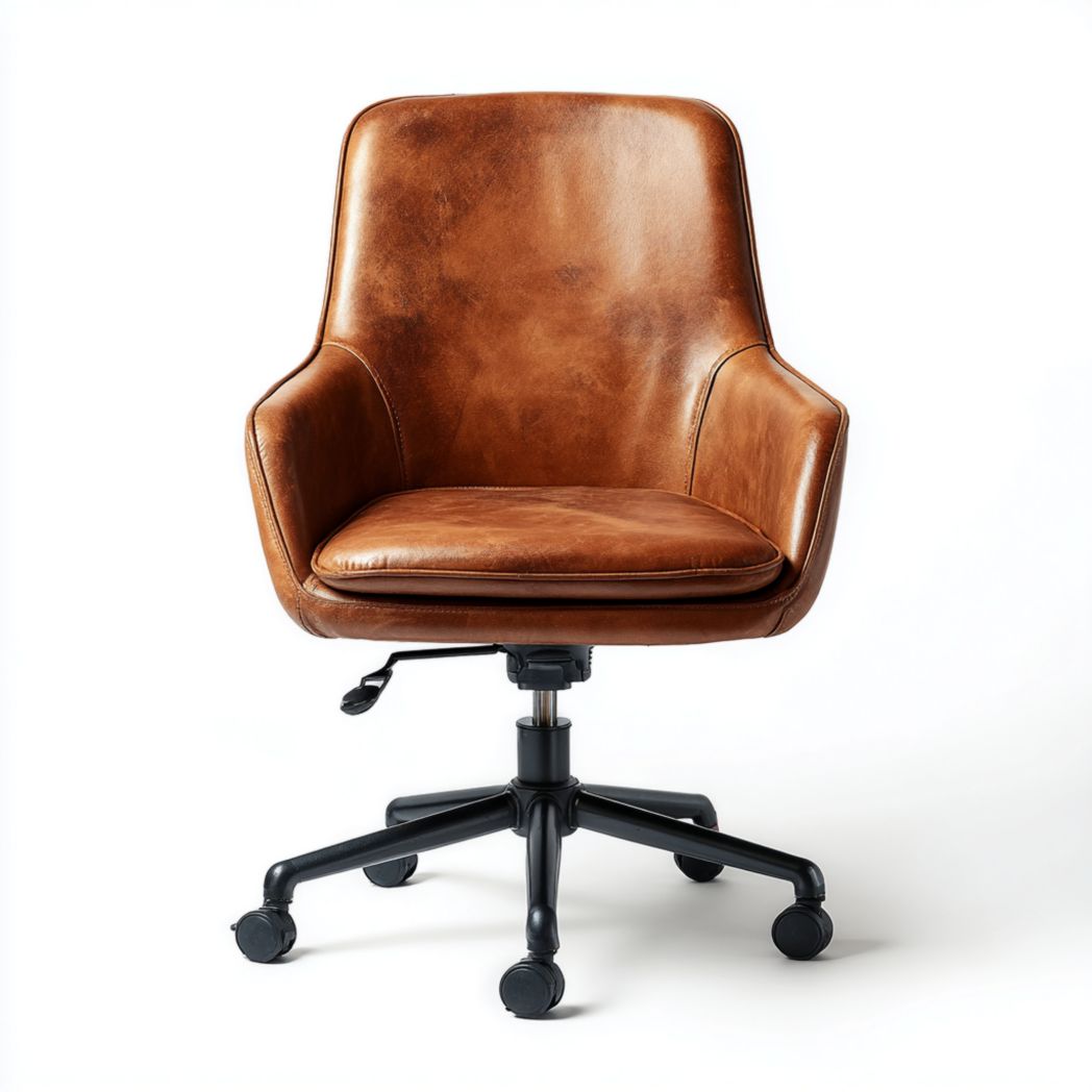 Chaise de bureau pivotante en cuir marron avec base en métal noir