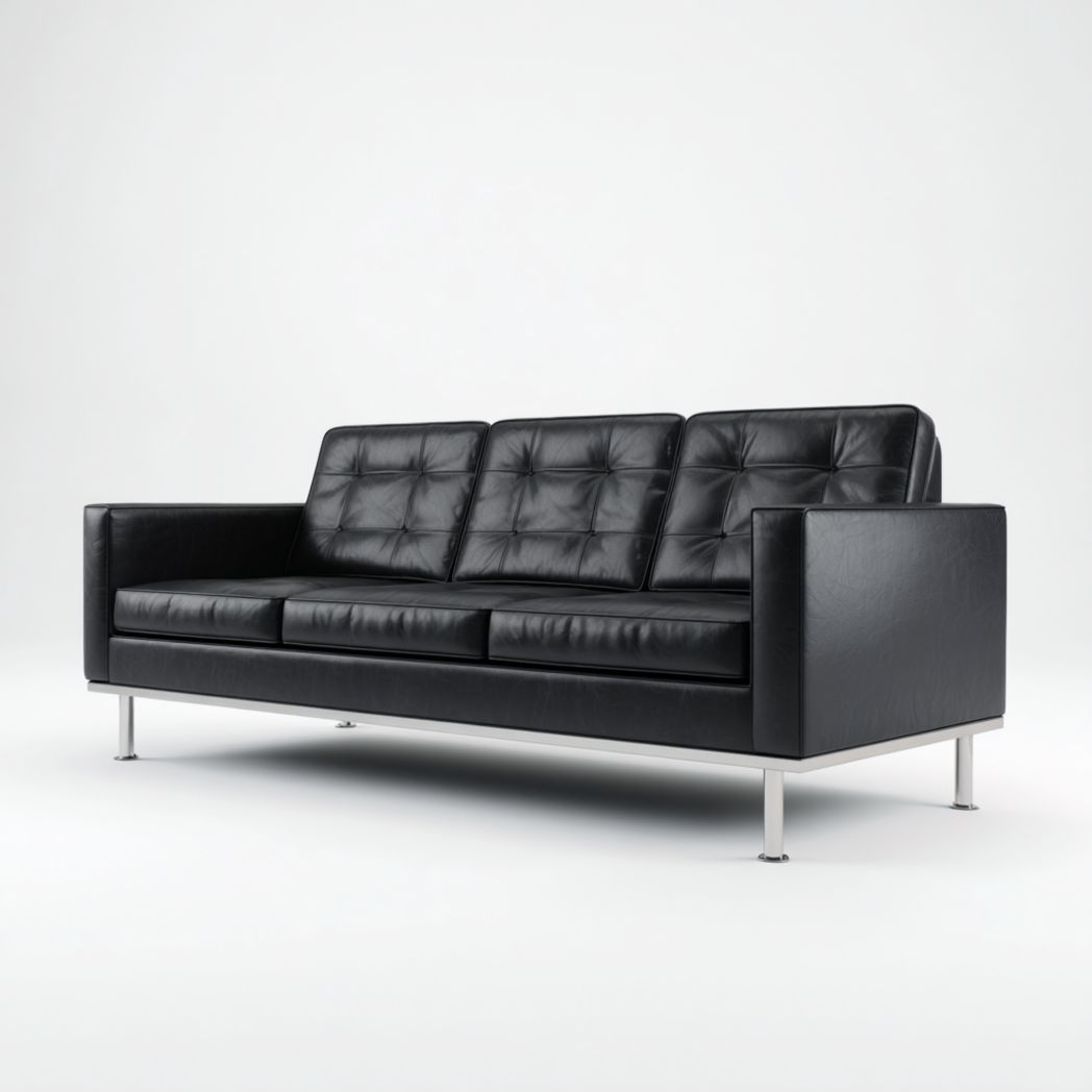 Canapé trois places en cuir synthétique noir avec pieds en métal argenté