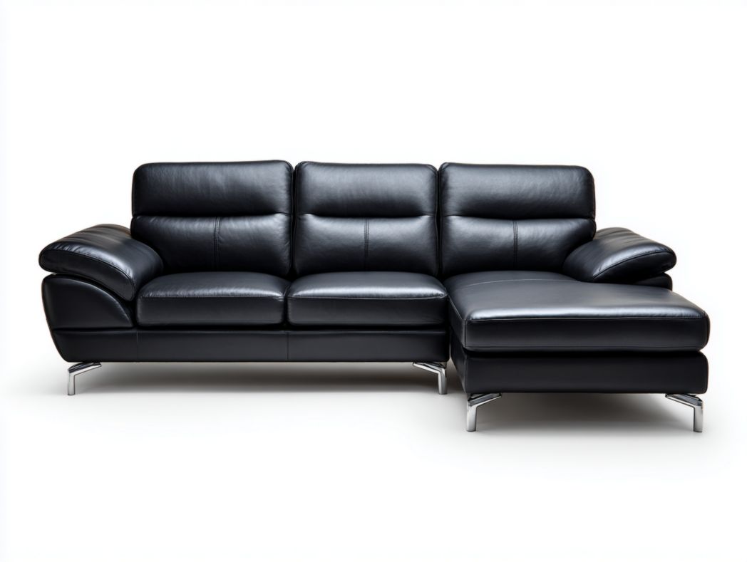 Canapé d'angle en cuir noir, méridienne droite, pieds en métal argenté