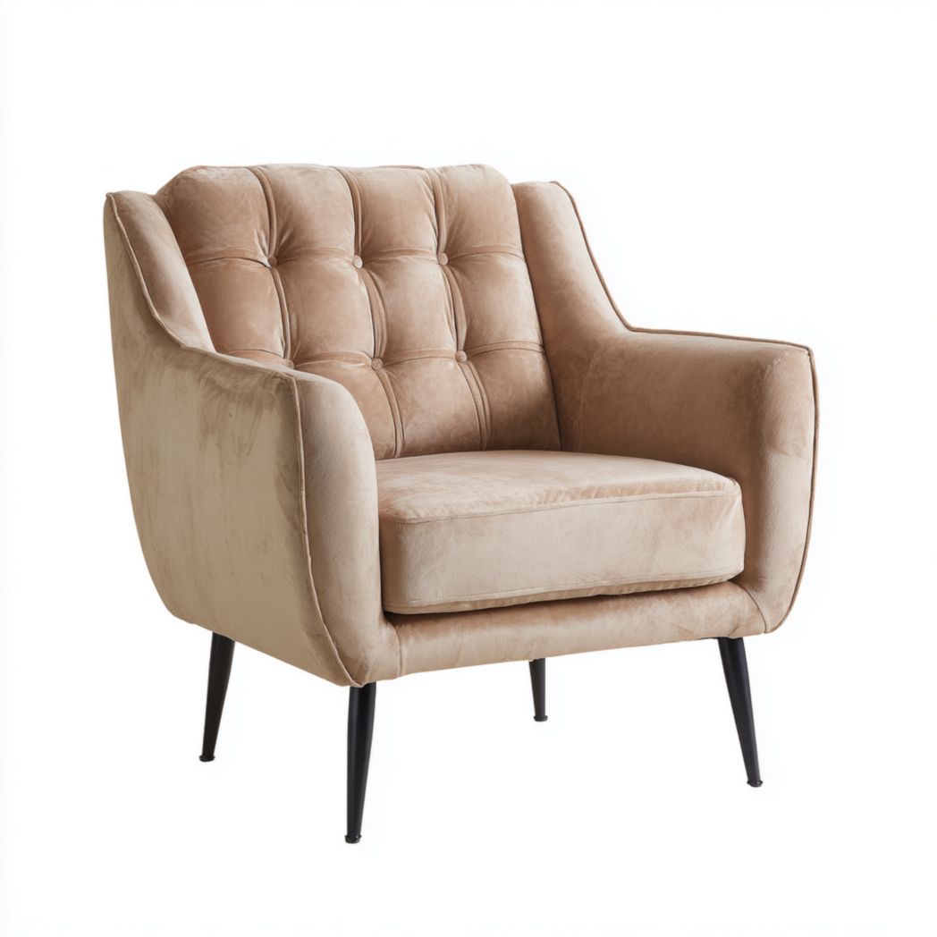 Fauteuil en velours beige clair avec pieds en métal noir