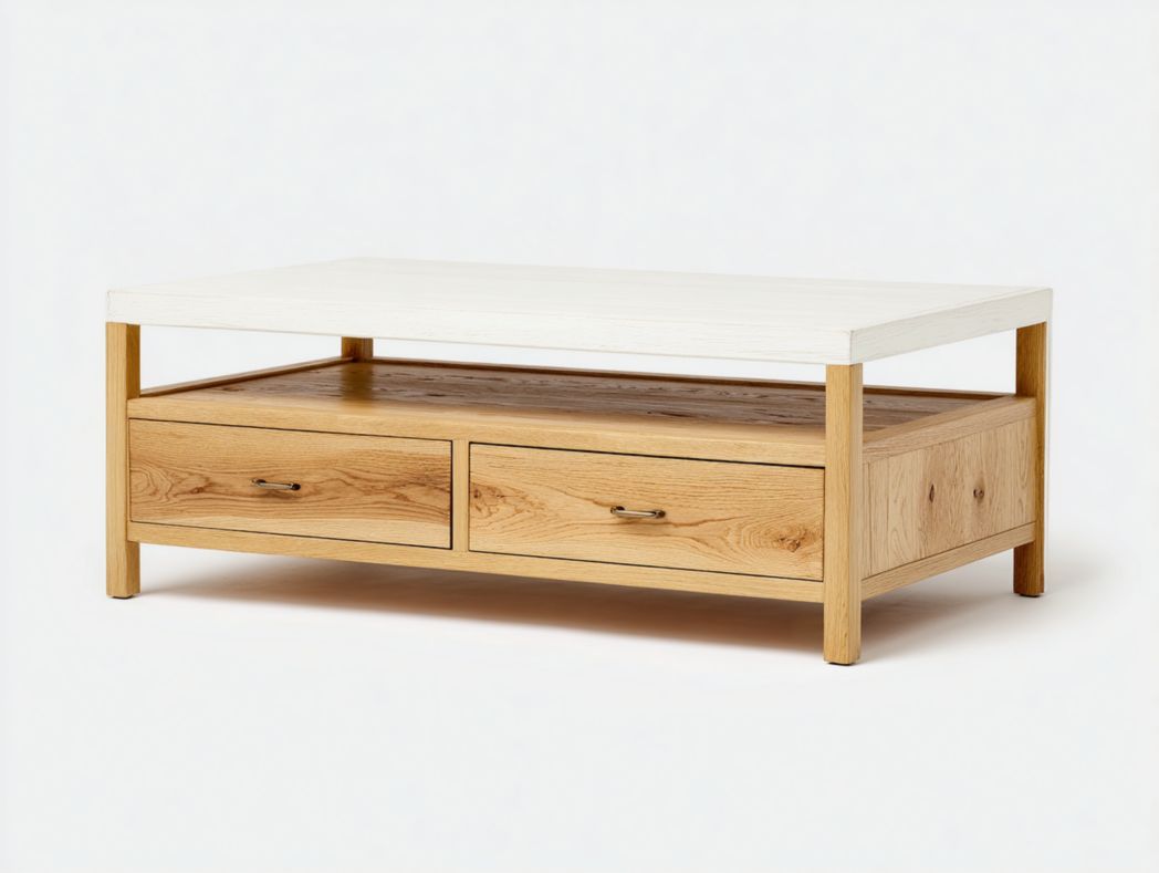 Meuble TV en bois blanc et marron clair avec poignées dorées