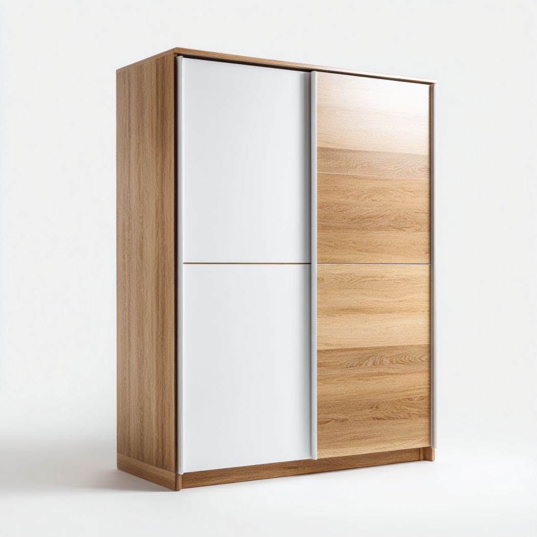 Armoire à portes coulissantes en MDF blanc et marron clair avec façades bicolores