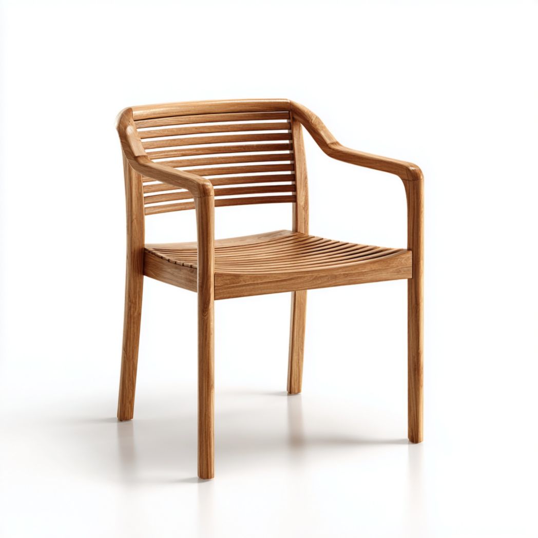 Chaise de jardin en bois marron clair avec accoudoirs courbés et dossier à lattes