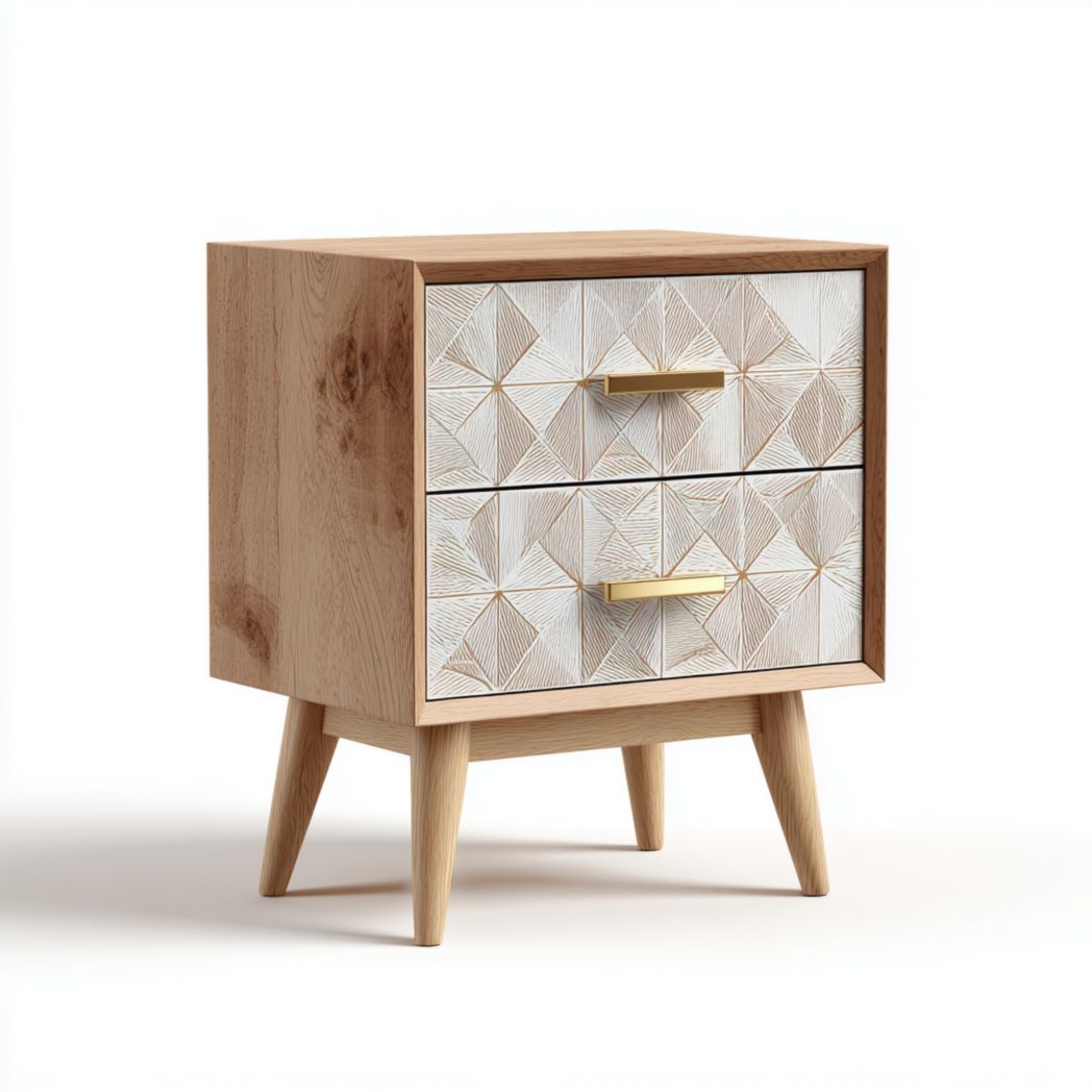 Table de chevet en bois marron clair avec un motif géométrique blanc sur le devant et des poignées dorées