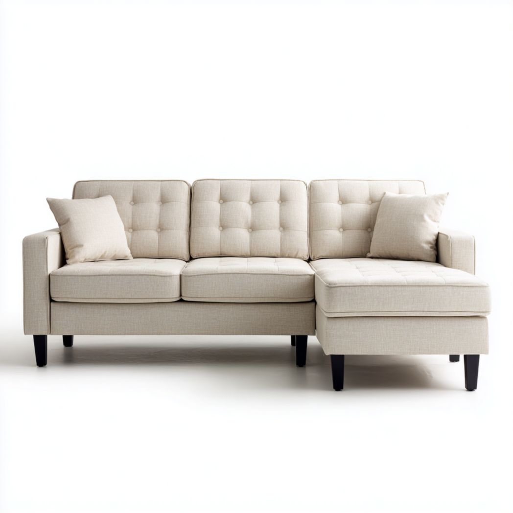 Canapé d'angle en tissu beige avec pieds noirs et 2 coussins