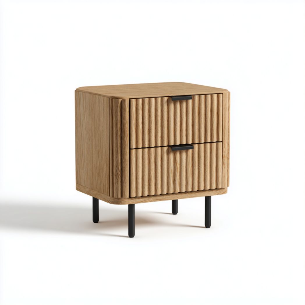 Table de chevet marron clair avec deux tiroirs encastrés et pieds noirs