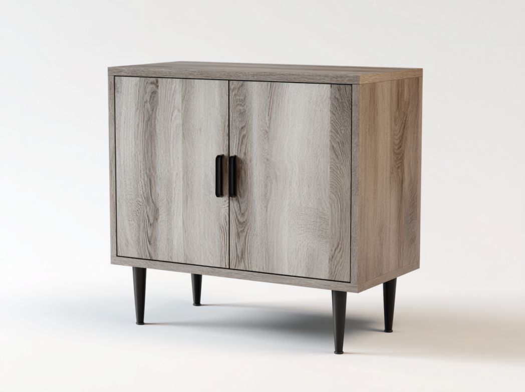 Commode en bois gris-brun avec deux portes et poignées et pieds en métal noir