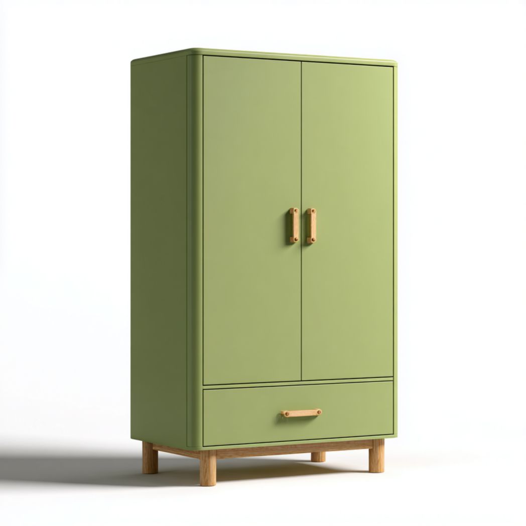 Armoire vert clair avec 2 portes et 1 tiroir, en MDF, avec poignées et pieds marron clair
