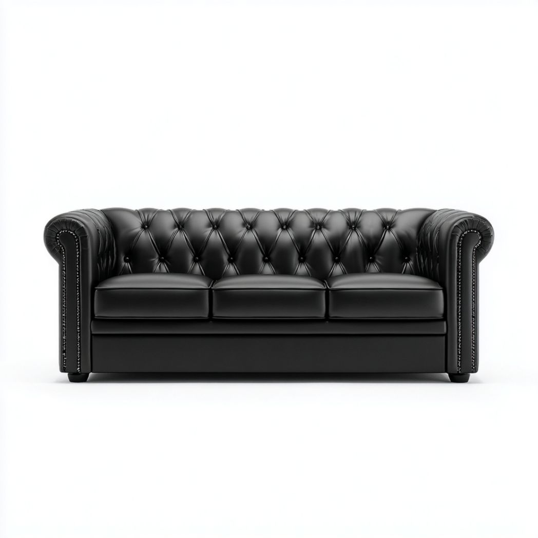 Canapé Chesterfield trois places, cuir synthétique noir, pieds noirs