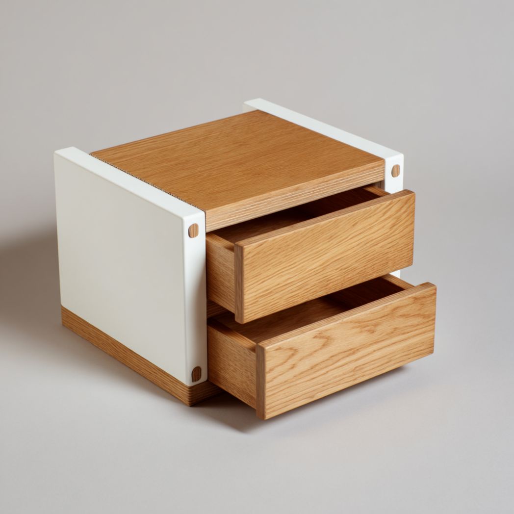 Table de chevet en bois marron clair avec deux tiroirs et côtés blancs