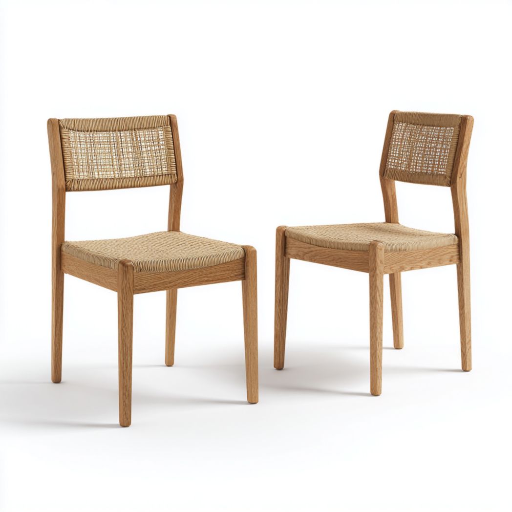 Ensemble de deux chaises de salle à manger en bois massif de rotin marron clair et beige