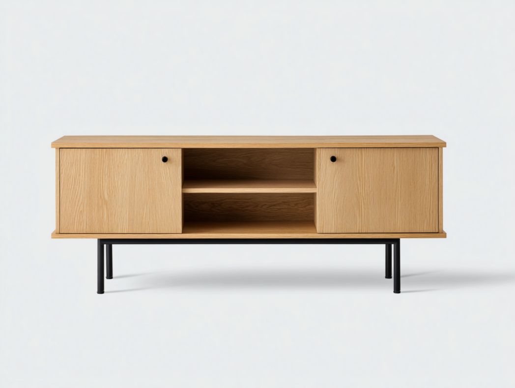 Meuble TV en bois marron clair avec pieds en métal noir