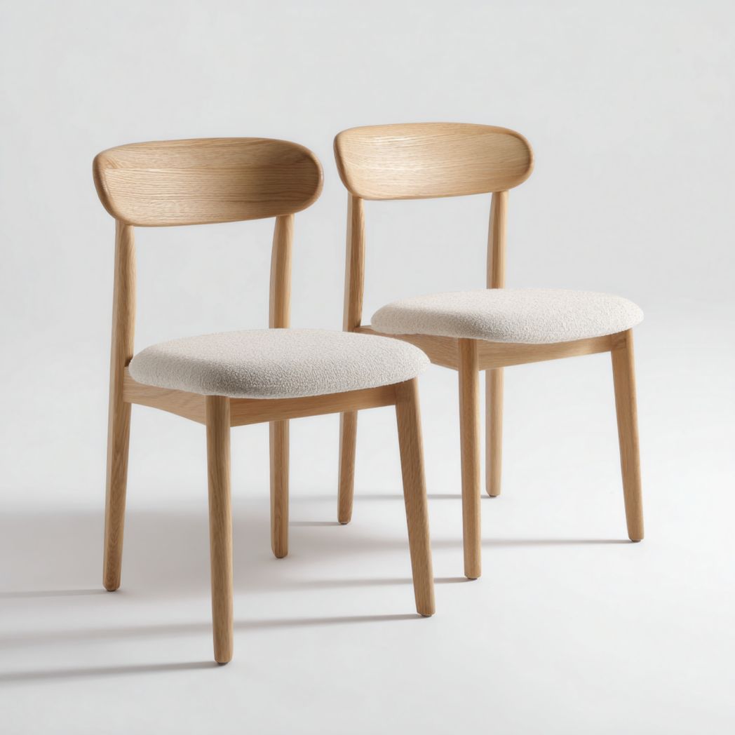 Deux chaises de salle à manger en tissu blanc cassé avec des cadres en bois marron clair