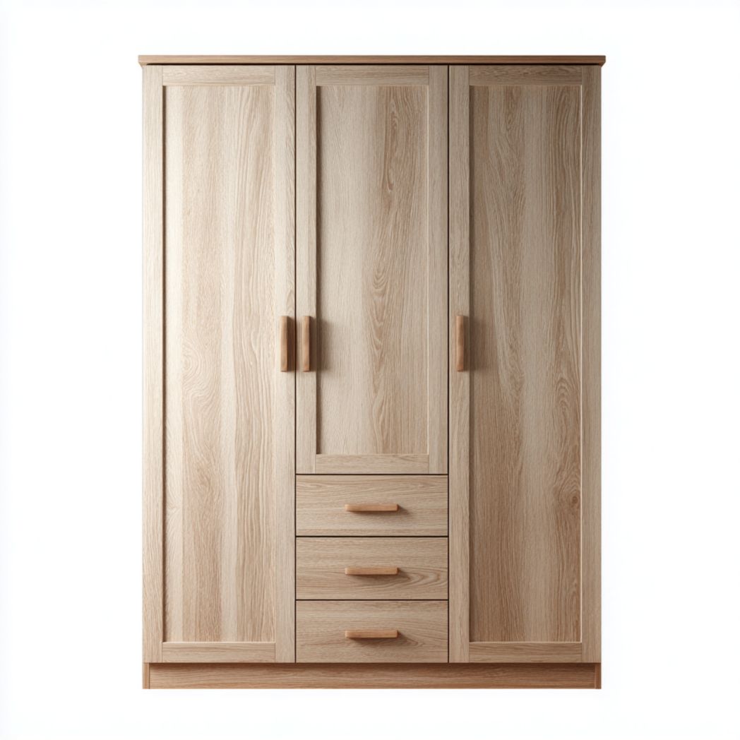 Armoire 3 portes et 3 tiroirs en MDF marron clair avec poignées en bois assorties