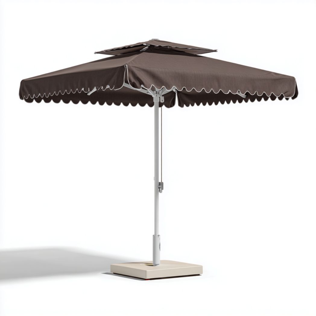 Parasol carré marron avec mât en métal blanc et base beige