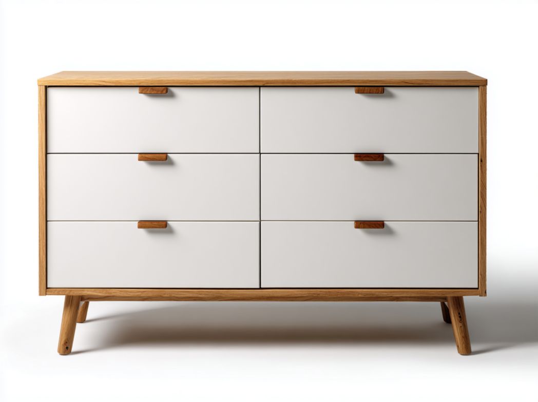 Commode en bois marron clair avec six tiroirs, façades blanches et poignées en bois marron clair