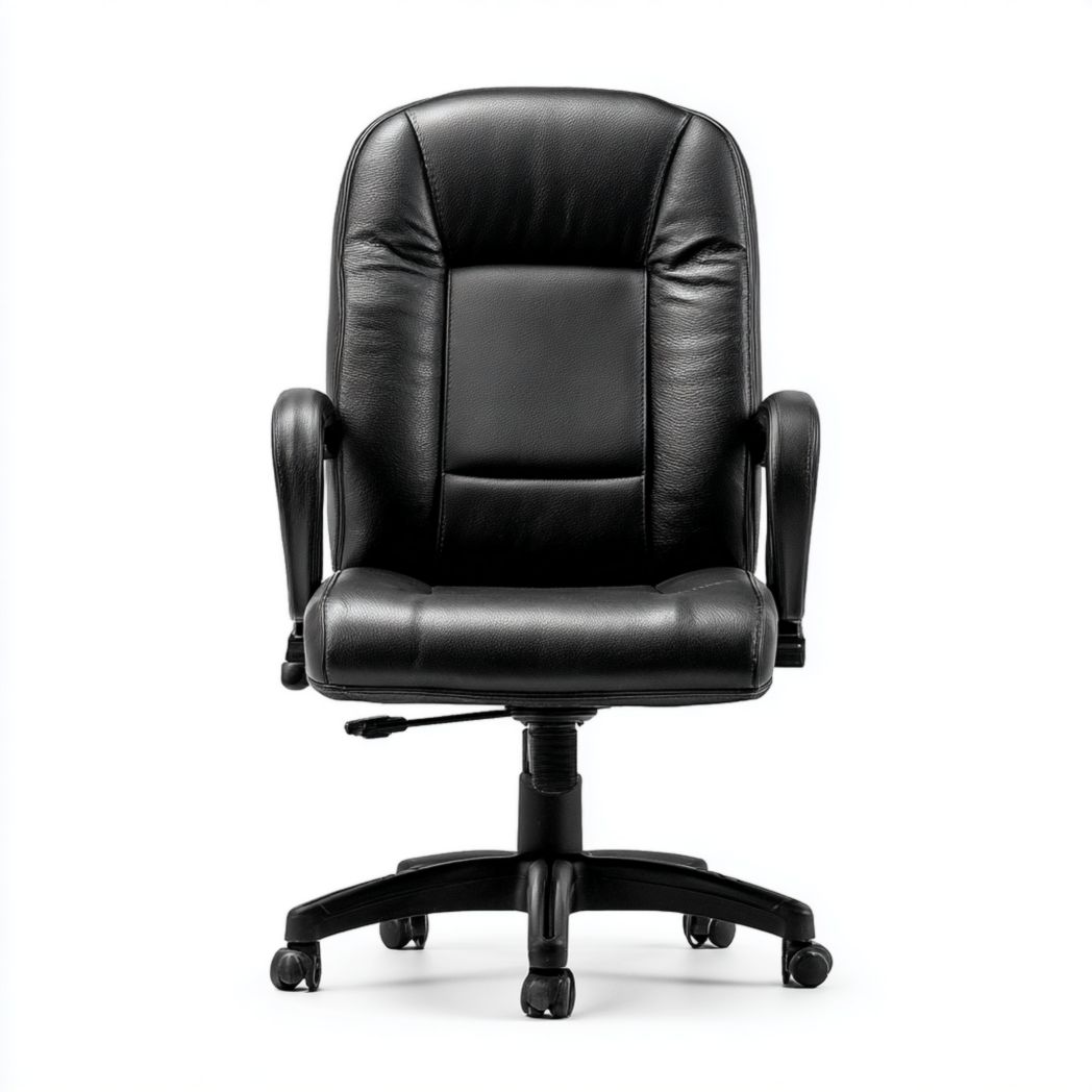 Chaise de bureau pivotante à dossier haut en cuir noir avec base noire