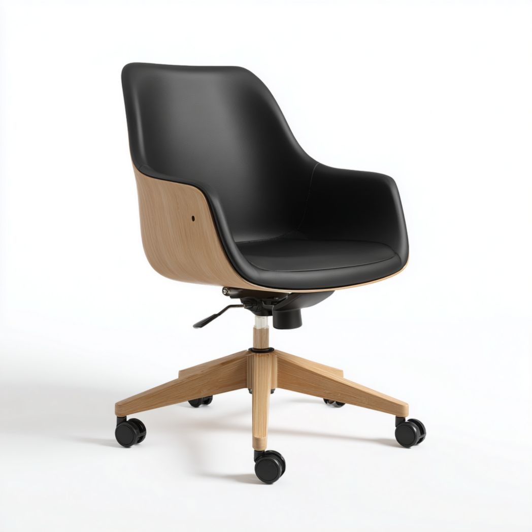 Chaise de bureau pivotante en cuir noir avec base en bois marron clair