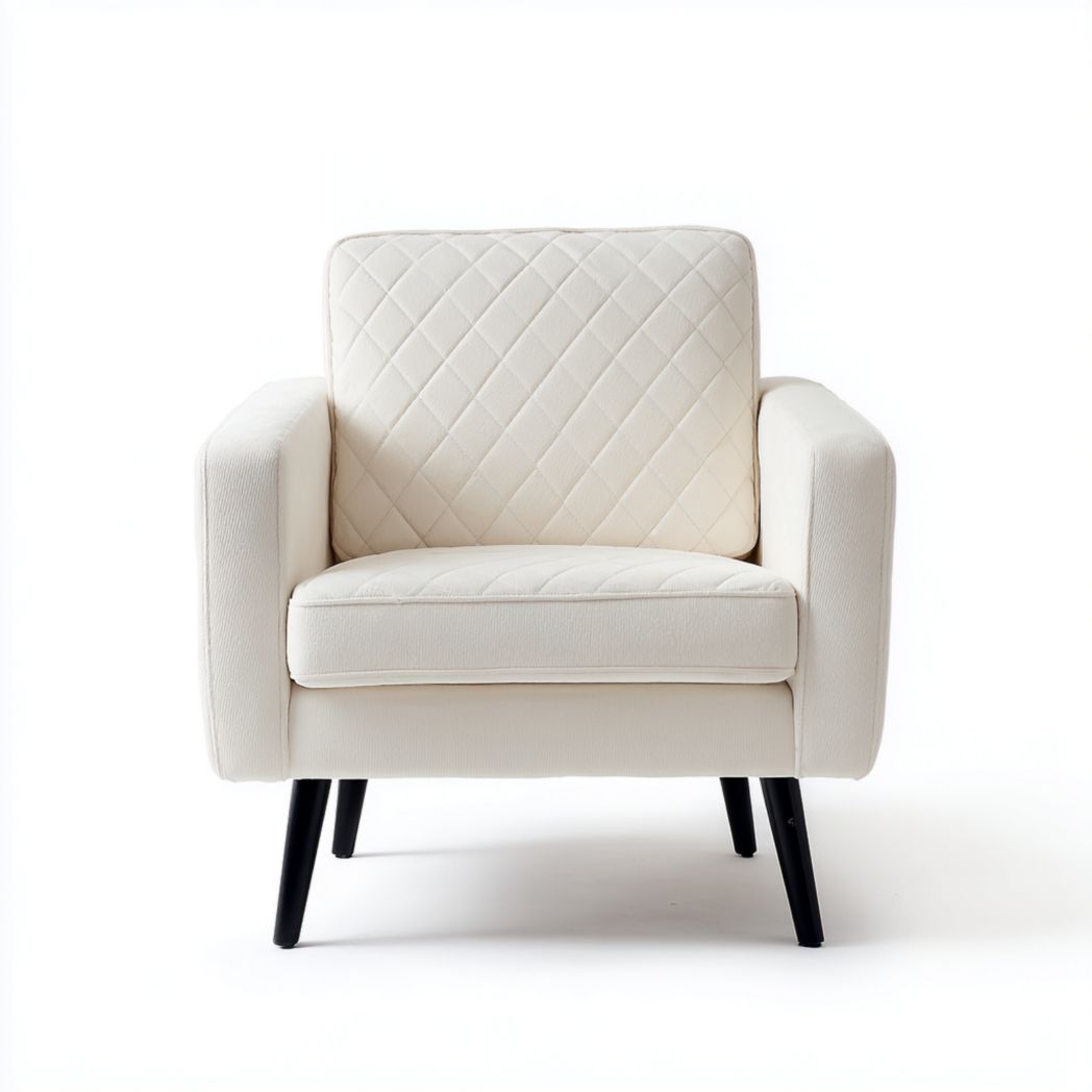 Fauteuil rembourré en tissu beige à motifs de losanges avec pieds en bois noir