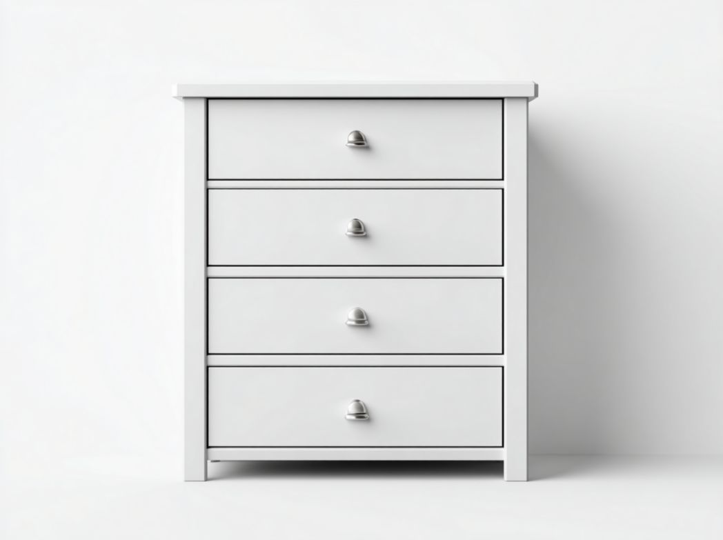 Commode en bois blanc avec quatre tiroirs et poignées en métal argenté