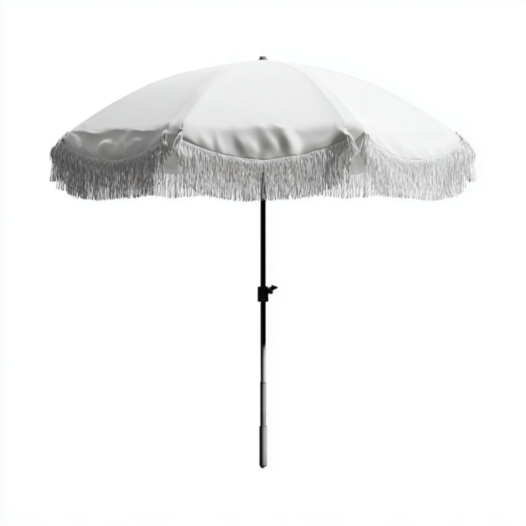 Parasol rond blanc à pompons et mât noir