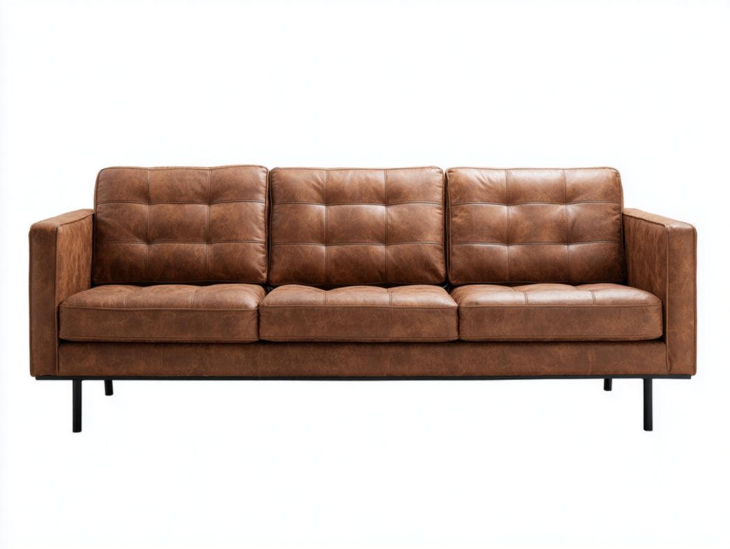 Canapé trois places en cuir marron avec pieds en métal noir